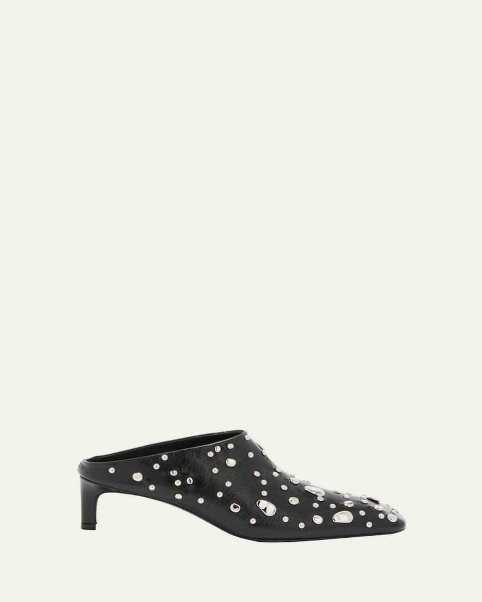 Studded Leather Kitten-Heel Mules